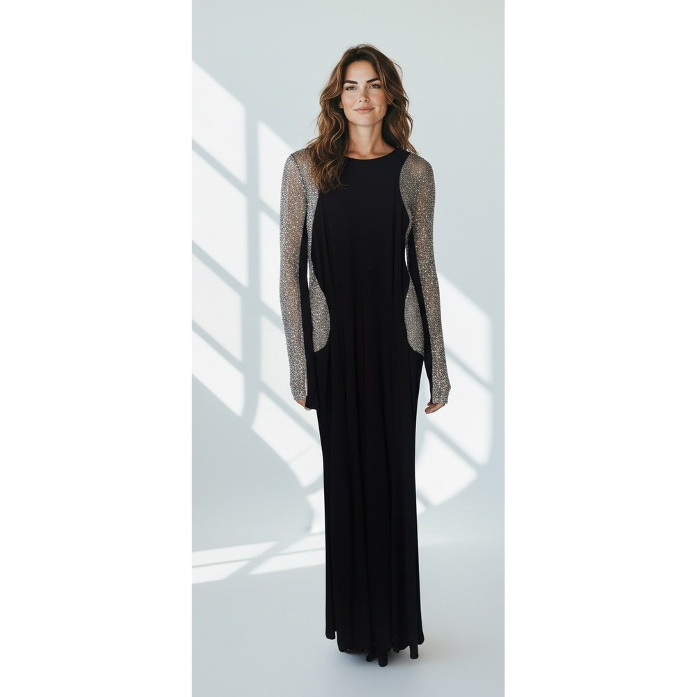 XSCAPE Womens Black Gown Beaded Mesh Long Sleeve Formal Evening Dress 14 NEW